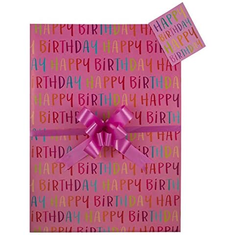 Happy Birthday Text Pink Gift Wrap Pack, Ladies, Female Girls, Two Sheets, Two Tags and Two Co-ordinating Cerise Pull Bows. Ladies Girls Birthday Gift Present Cover