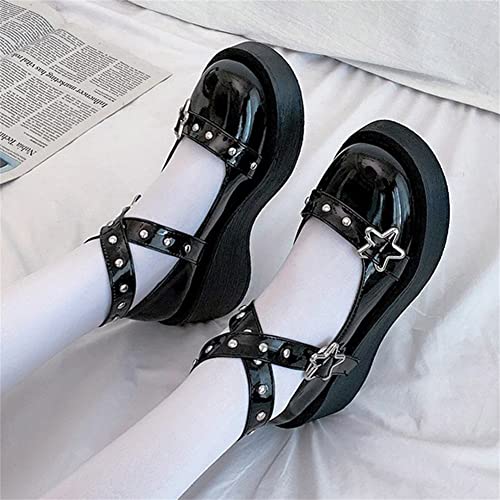 HOTRA Women Platform Wedge Mary Janes Shoes with Cross Strap Star Buckle Patent Leather Rivet Lolita Shoes Halloween Cosplay Shoes (Color : Black, Size : 9 US)3