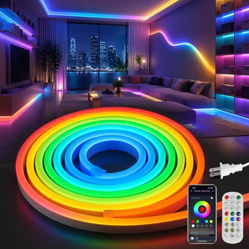 Image of LED Neon Lights,IC+RGB 49.2FT Rope Lights Control with App /Remote,Multiple Modes,DIY Design,Outdoor IP65 Waterproof,24V Flexible LED Strip Lights for Bedroom,Gaming,Party Decoration