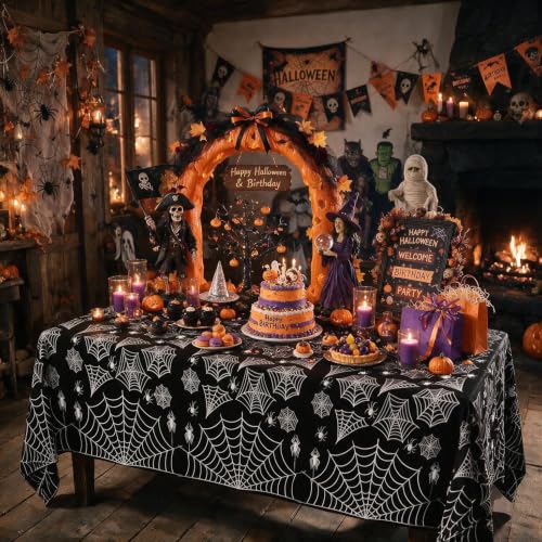 Image of Halloween Tablecloth Plastic Black Spider Web Disposable Table Cover