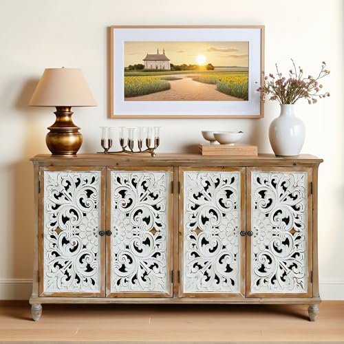 Image of Hand-Carved Wood Buffet Cabinets - Solid Wood Storage Cabinet,Entry Way Cabinet with Storage for Living Room & Kitchen,Dining Room Storage Cabinet with Doors and Shelves