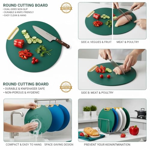 Image of Round Cutting Board with Handle | Dual-Sided Non-Slip Chopping Board | Durable Green Kitchen Cutting Board for Fruits, Vegetables, Meat & Bread