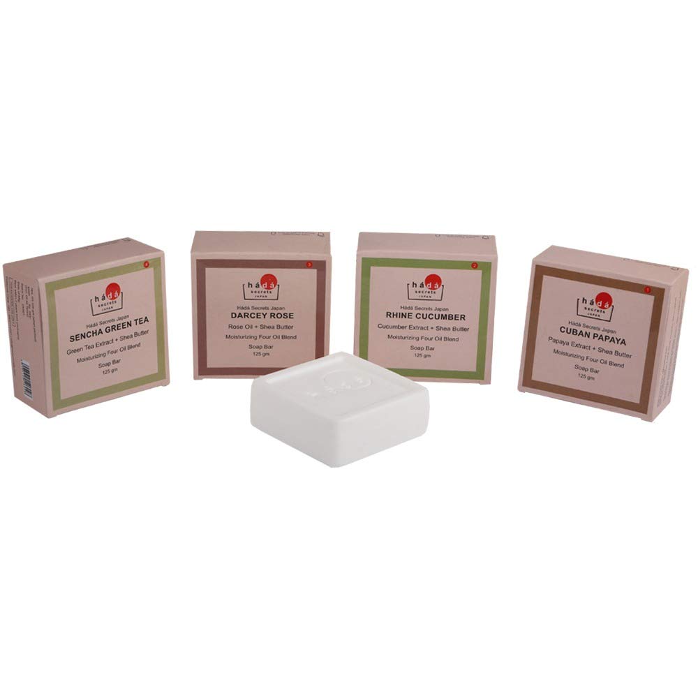 Hada Secrets Japan Bundle Pack of 4 Soapbar Cuban Papaya + Darcey Rose + Rhine Cucumber + Sencha Green Tea