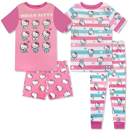 Hello Kitty Girls 4 Piece Pajama Set - Tight Fit Soft Short Sleeve Shirt Shorts & Pants - Kids Sleepwear - Official License