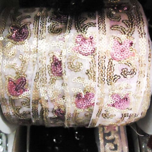 5 Yards Pink Sequins Trim Non-Stretch Floral Sold by The Yard Fabric