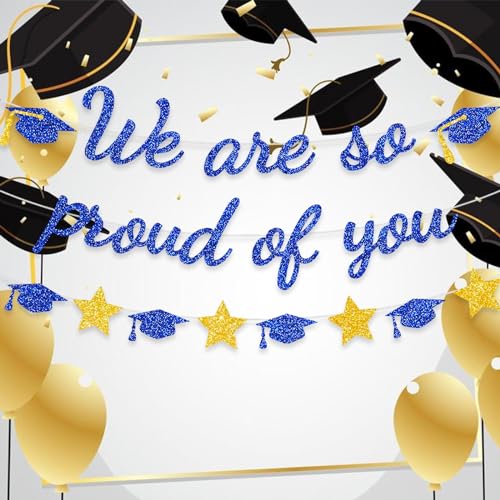 Image of We Are So Proud Of You Banner Graduation Party Decorations Glitter Congratulations Class Grad Ideas Blue Gold