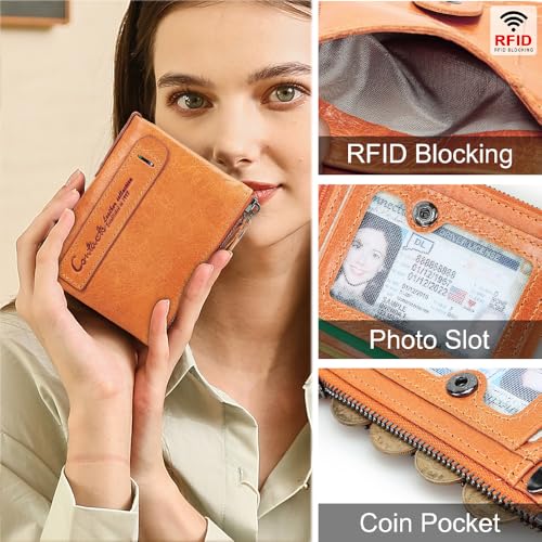 Image of CONTACTS Soft Leather Wallet for Women Small Bifold Coin Purse Double Zipper Card Holder with RFID Blocking (Light Orange)