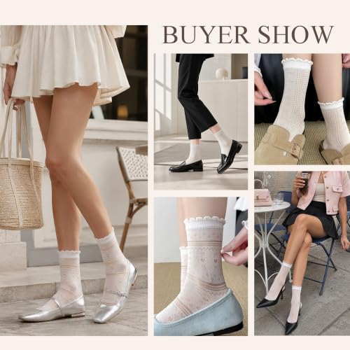 Ginmewrae Womens Ruffle Lace Socks, Mesh Crew Socks 5 Pairs Cute Breathable Casual Frilly Ultra Thin Ankle Socks for Summer - image 7