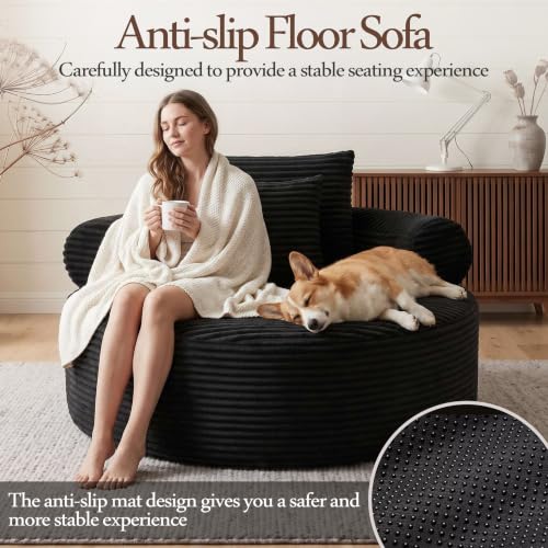 Image of Trustyue Boneless Couch,Comfy Fluffy Sofa Bed,Upholstered Sleeper Sofa with Cup Holder and Throw Pillows,Corduroy Plush Cloud Lounge Chair (Black, Corduroy)