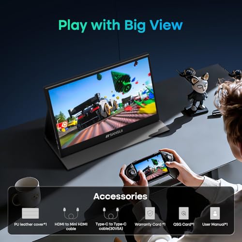 Image of SANSUI Portable Monitor 15.6 Inch FHD 1080P Travel Monitor for Laptop, USB C HDMI Ultra-Thin IPS Computer Display with Speakers & PU Leather Stand Cover, for PC Mac mini Phone Switch Gaming