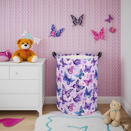 Image of Baby Laundry Basket Baby Hamper for Nursery Girl Kids Butterfly Hamper Cute Kids Storage Bin Organizer Room Decor for Home(Purple Butterfly)