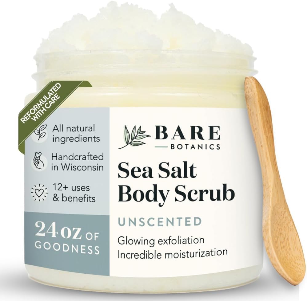 Bare Botanics 24oz Unscented Sea Salt Body Scrub Natural Exfoliator