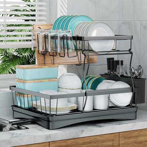 ikeoat Large Dish Drying Rack for Kitchen Counter Detachable Large Capacity Dish Drainer Organizer 2-Tier Dish Racks with Utensil Holder Black