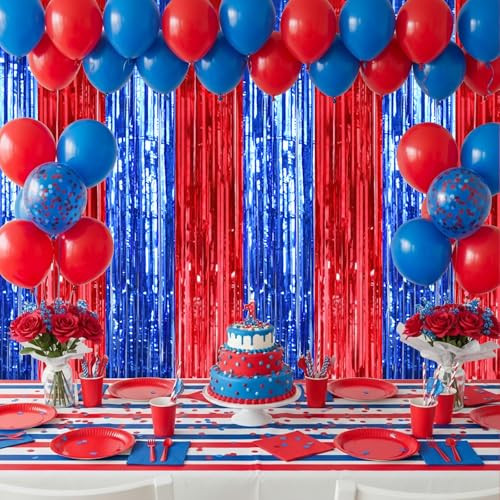Image of TONIFUL 2 Packs Red and Blue Carnival Foil Fringe Curtains 3.3 x 6.6 ft Metallic Tinsel Streamers Backdrop for Patriotic Celebration Baby Shower Circus Theme Birthdays Party Photo Booth Decorations