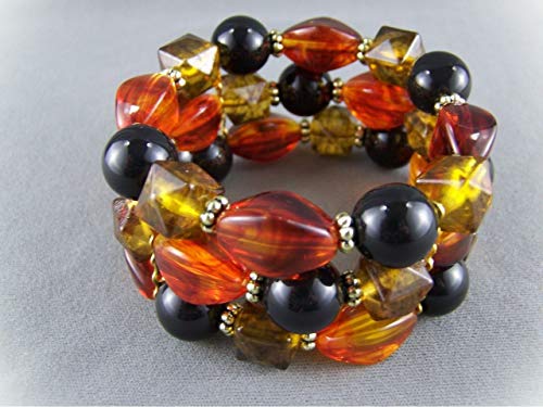 Brown Black Amber Faceted Bead 3-Strand Chunky Stretch Beaded Bracelet 1.5