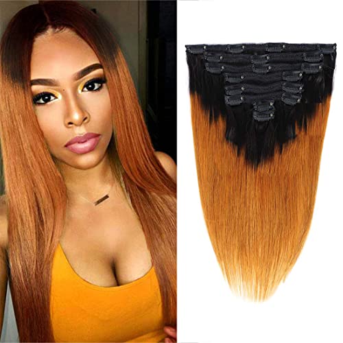 Human Hair Clip in Straight Hair Extensions for Black Women Ombre 1b/30 Clip Ins Dark Brown Clip In Extensions for African American Women Soft Silky Remy Hair 22 Inches 135g