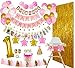 1st Birthday Girl Decorations and Party Supplies 133 Pcs - First Birthday Banners for Highchair, Balloons, 12 Months Milestones, Garlands, Cake Topper, Pom Poms, Party Hat, Backdrops, Pink, Pearl White, Gold Decor Pack