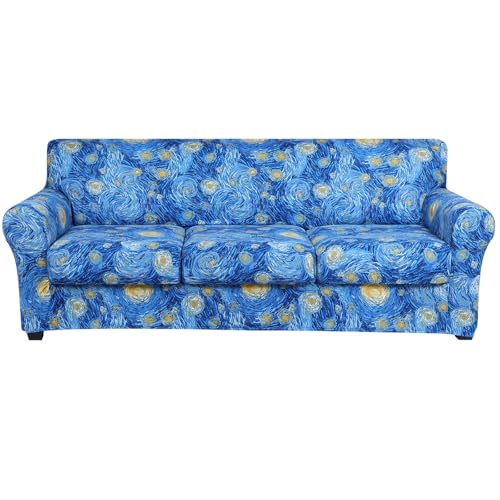 hyha Couch Cover, Floral Pattern, Stretch, Printed, 4 Pieces, Sofa Slipcovers, for 3 Separate Cushion Couch, Washable Furniture Protector for Dogs(Sofa, Starry Sky)