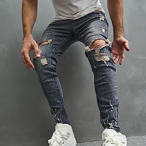 Jeans for Men Fashion Stretch Ripped Punk Style Pants Zipper Button Frayed Denim Pant with Pocket Going Out Work Jeans4
