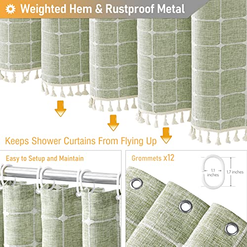 Image of BTTN 80 Inch Long Shower Curtain - 72x80 Boho Farmhouse Linen Vintage Fabric Shower Curtain Set with 12 Plastic Hook, Aesthetic Rustic Country Weighted Cloth Shower Curtains for Bathroom - Sage Green