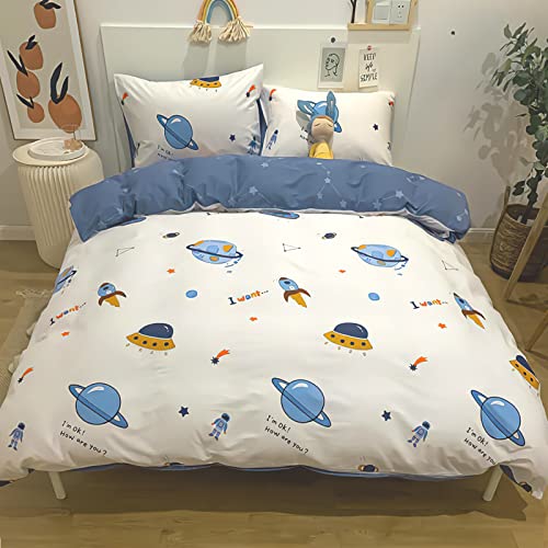Roupa de cama infantil de 100 x 135 cm, design de foguete com estrelas, 100 % algodão, fronha de 40 x 60 cm