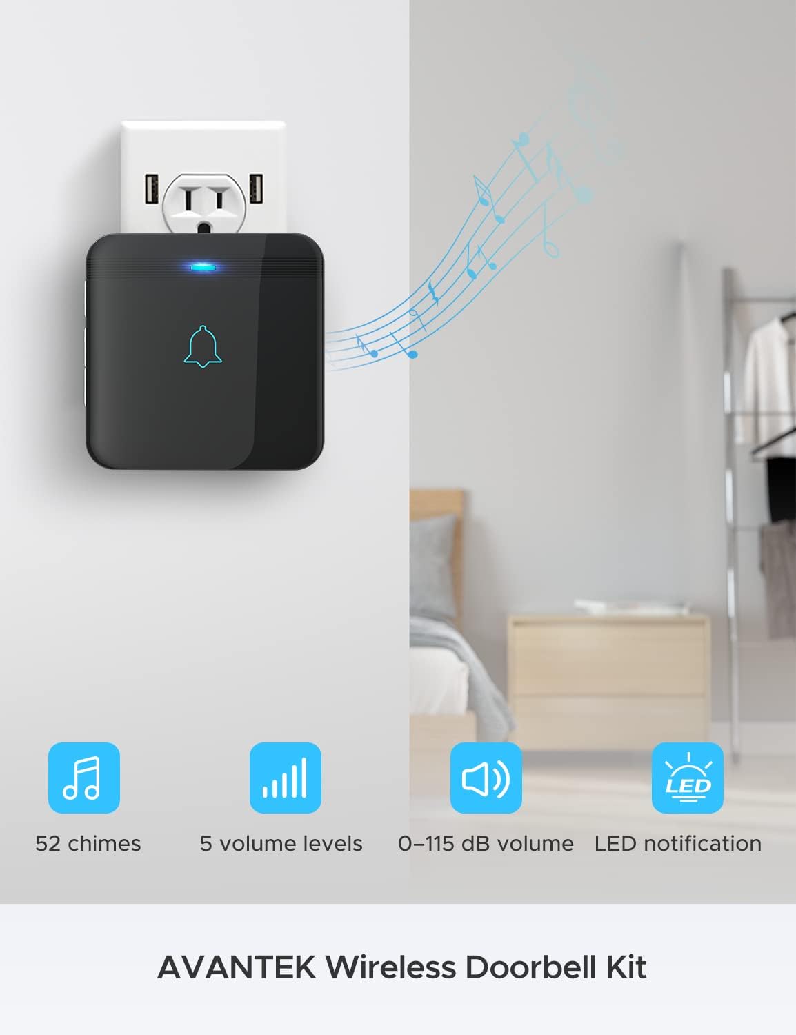 Wireless Doorbell, AVANTEK Waterproof Chime Kit Operating at Over 1300 Feet with 52 Melodies, 5 Volume Levels & LED Flash - - 