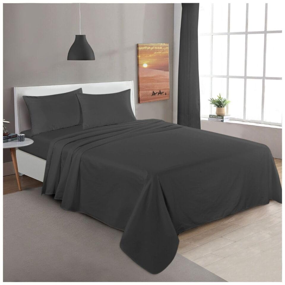 Flannelette Brushed Cotton Flat Sheets Super Soft Warm Cosy Wrinkle Shrinkage and Fade Resistant Fabric Flat Bed Sheets (Charcoal, Single)