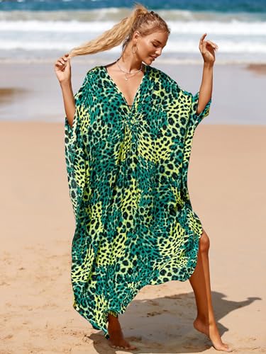 Image of IMAGEKOPE Women's Plus Size Animal Print V-Neck Batwing Kaftan Beach Dress Bathing Suit Cover-Up Loungewear