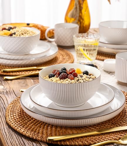 Image of GBHOME Dinnerware Sets for 4, Farmhouse Style Stoneware Plates and Bowls Sets, 12 Pieces Embossed Scratch Resistant Dishes, Dishwasher & Microwave Safe, Off-White