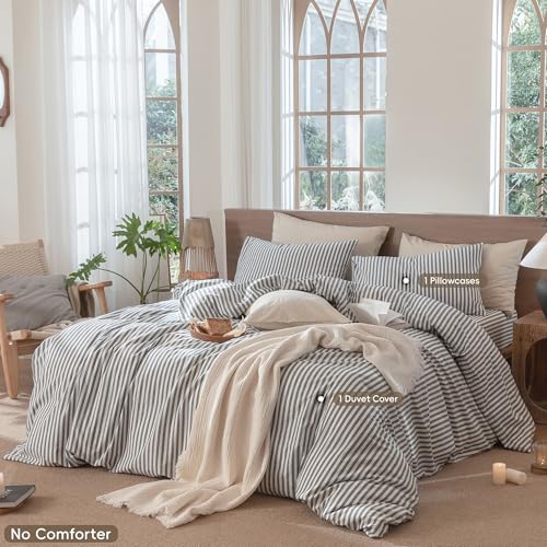 Image of MooMee Striped Duvet Cover Set 100% Washed Cotton Linen Like Twin | Relaxed Linen-like Texture. Soft, Breathable & Long-lasting Comfort. Lightweight. Hidden Zipper with 8 Interior Corner Ties