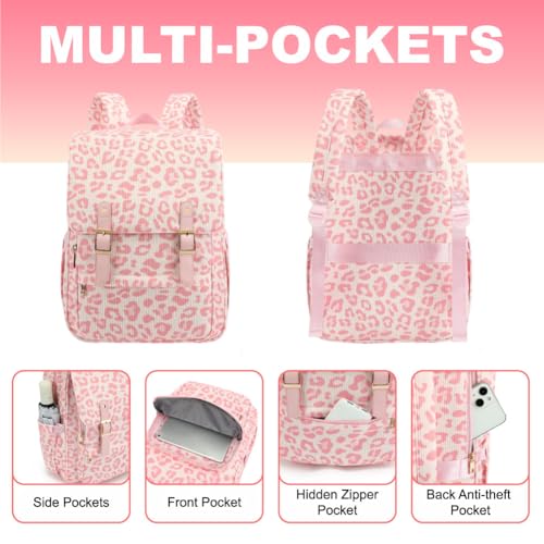 Image of Women Laptop Backpack, Corduroy 15.6 inch Travel Backpack for Work College Business, Teacher Nurse Bag with Large Capacity School Bookbag Bags for Girls - Leopard Pink