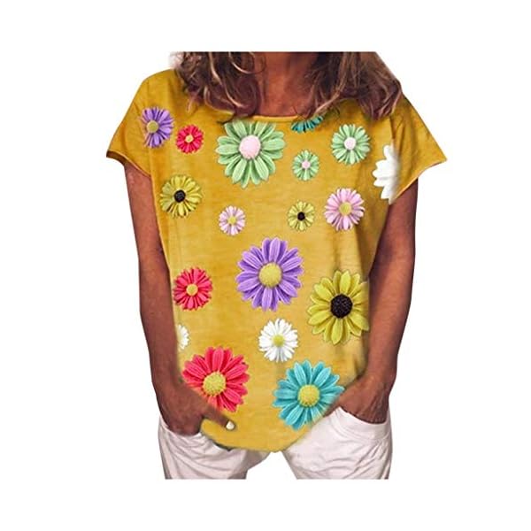 Women's Casual V-Neck Short Sleeve T-Shirt Summer Fresh Daisy Print Tops Loose Comfy Trendy Garment