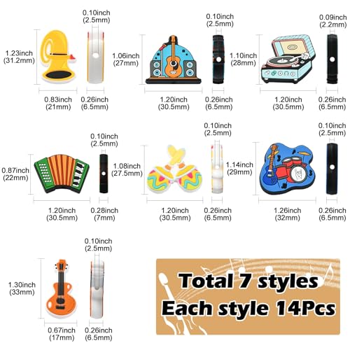 Ipotkitt 14 Pcs 7 Styles Musical Silicone Focal Beads Guitar Trumpet Record Player Beads Instrument Focal Beads for DIY Gift Bag Keychain Jewellery Making - Image 2
