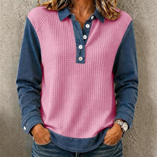 Waffle Shirts for Women Denim Patchwork Collared Button Lightweight Tops - image 5