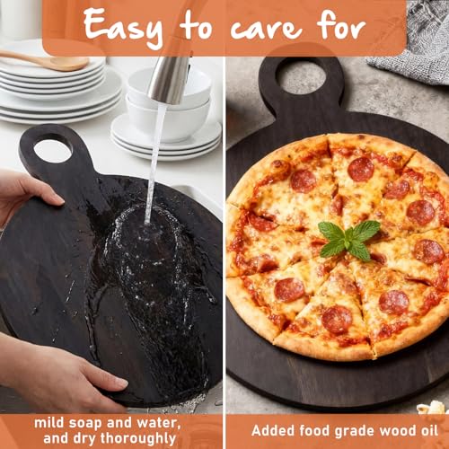 Image of 1 Pcs Acacia Wood Cutting Board with Handle 21'' Circle Charcuterie Chopping Board for Pizza Cheese Meat Decorative Black Wooden Serving Tray for Kitchen and Dining Room