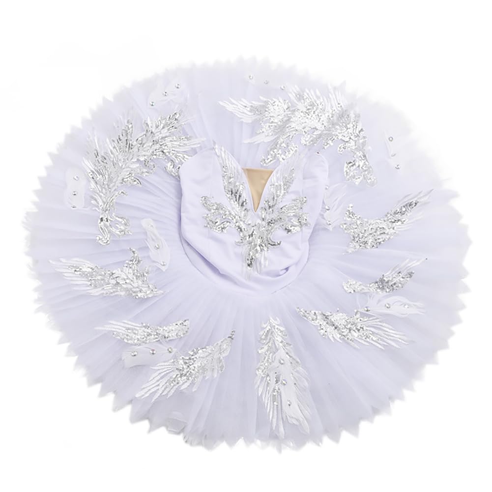 tutù Professionale Bianco per Bambine, Gonna da Ballerina per Pattinaggio Artistico, Costume da Ballerina del Lago dei Cigni, Abbigliamento da Allenamento （160 cm）