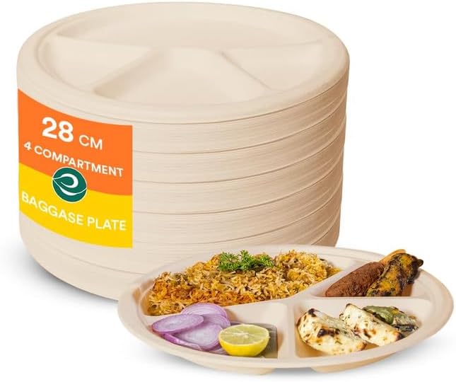 ECO SOUL [11 inch, 10 Pack, 4-Compartment Disposable Bagasse Plates | Eco-Friendly, Biodegradable, Sugarcane Paper Plates | for Serving Dinner | Birthday, Wedding & Party | Round, Beige (28 cm)