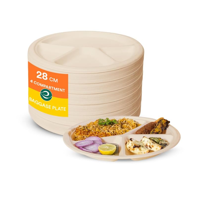 ECO SOUL [11 inch, 10 Pack, 4-Compartment Disposable Bagasse Plates | Eco-Friendly, Biodegradable, Sugarcane Paper Plates | for Serving Dinner | Birthday, Wedding & Party | Round, Beige (28 cm)