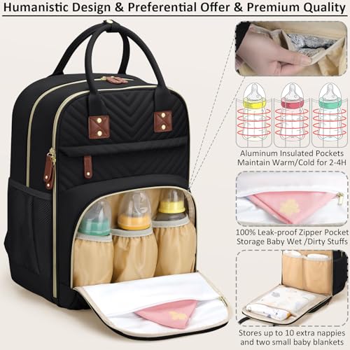 Image of Tenot Diaper Bag Backpack for Women with Changing Pad, Baby Bag with Insulated Pockets Multifunctional Diaper Bags For Baby Girl Boy Waterproof Baby Bags For Boys Girls Maternity Bag Black