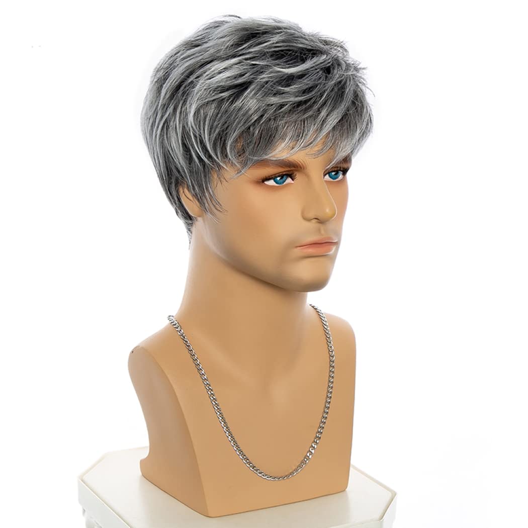 Parrucche sintetiche dritte grigie miste corte per uomini giovani con frangia Toupee per capelli per uomo Parrucche a strati soffici ed eleganti naturali Parrucche da uomo (Grigio misto)
