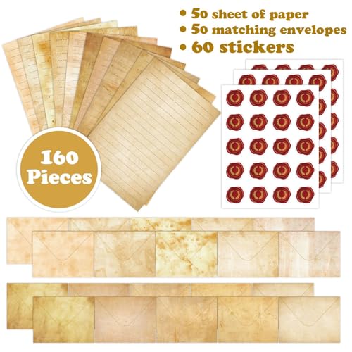 Cyiecw 160 Stück Briefpapier mit Umschlag Set (10 Farben),50 A5 Liniert und 50 Briefumschläge, Erwachsene Einfacher Retrostil Schreibpapier mit 60 Sticker (Retro)