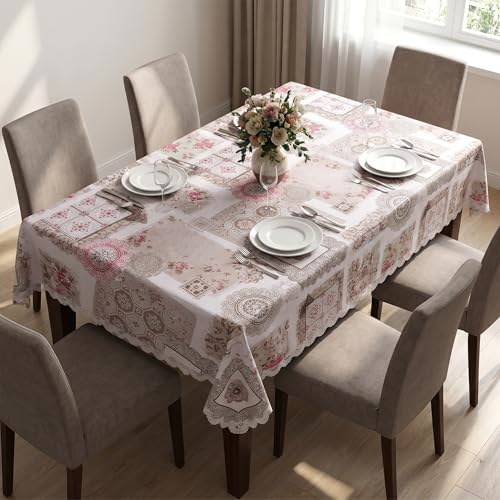 Image of Dakshya Industries PVC Waterproof Dining Table Cover 54x78 Inch for 6 Seater | Floral Printed Washable Oilproof Dustproof Table Cloth for Home Kitchen Dining Table (Ruby Heritage)