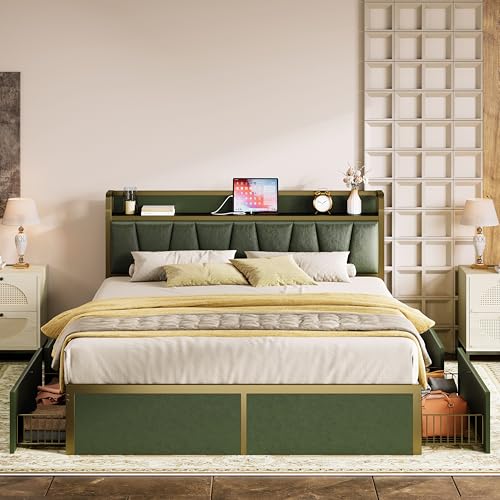 With 4 Storage Drawers, Platform Bed With Charged Headboard,