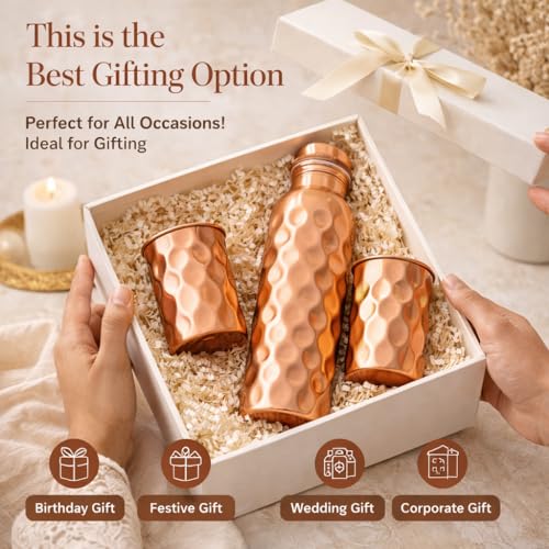 Image of JAIPUR ACE Hammered Pure Copper Water Bottle with Glass Set | 100% Copper Bottle Set | Leak Proof, Ayurvedic Health Benefits, Premium Design Gift Set for Home, Office, Gifting (Hammered Print)