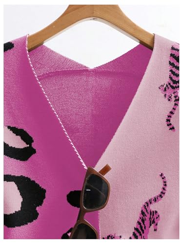 Image of WDIRARA Women's Leopard Tiger Print Cardigan V Neck Long Sleeve Color Block Button Down Sweater Outwear