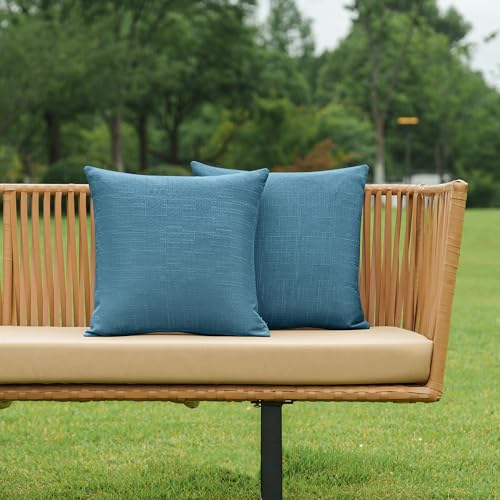 NiNi ALL Pack of 2 Decorative Outdoor Waterproof Pillow Covers Square Garden Linen Textured Cushion Sham Throw Pillowcase Set of 2 for Patio Farmhouse Garden Tent Couch 22x22 Inch Dark Blue
