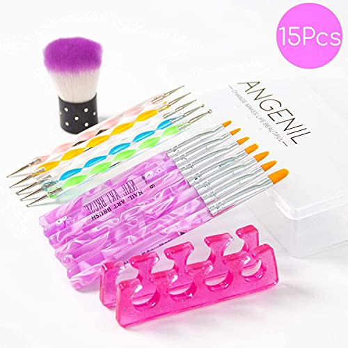Image of Angenil 15PCS Acrylic Nail Brush Set with UV Gel Nail Art Brushes, Makeup Pouch Bag, Travel Pouches for Women