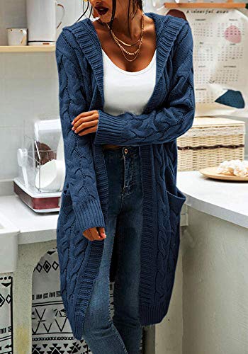 Image of Women Hooded Open Front Cardigan Cable Knit Chunky Long Sweater Coats | solid color, cable knit ,long duster cardigan,chunky coatigan,winter ,falll ,side pockets