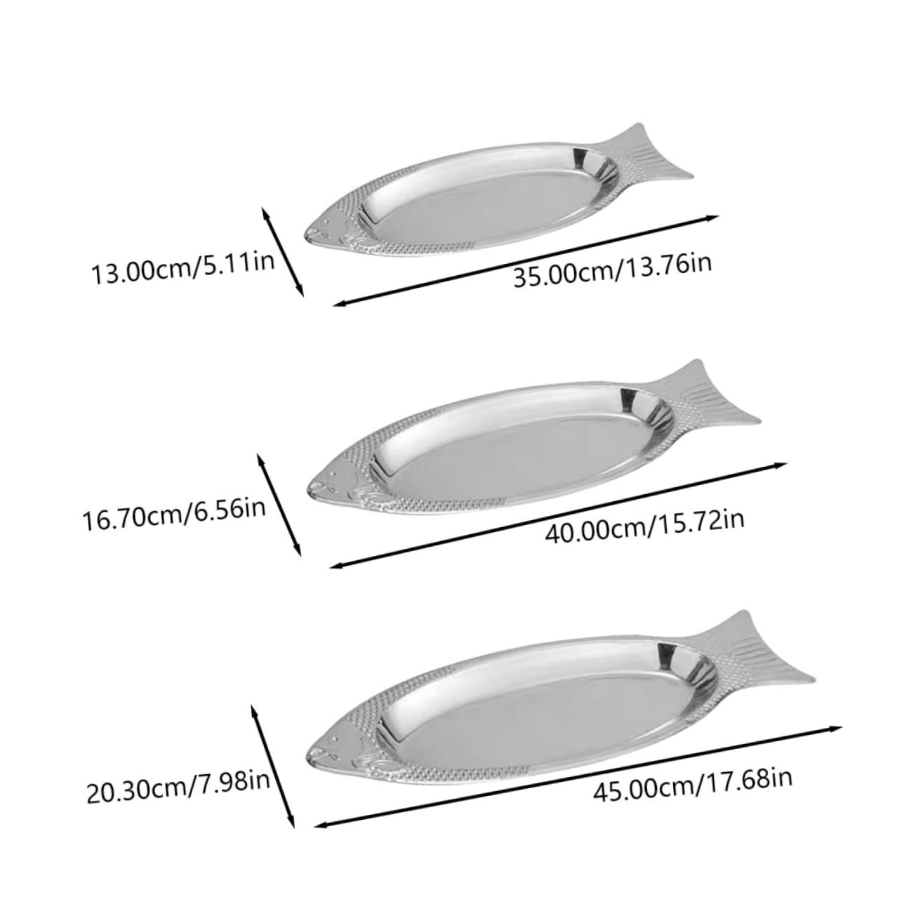 LABRIMP Bandeja de Pescado 3 Piezas de Acero Inoxidable, Apta para Vapor | Acabado Plata, Forma de Pez, Uso en Hoteles y Restaurantes, Diseño Único Superficie Lisa