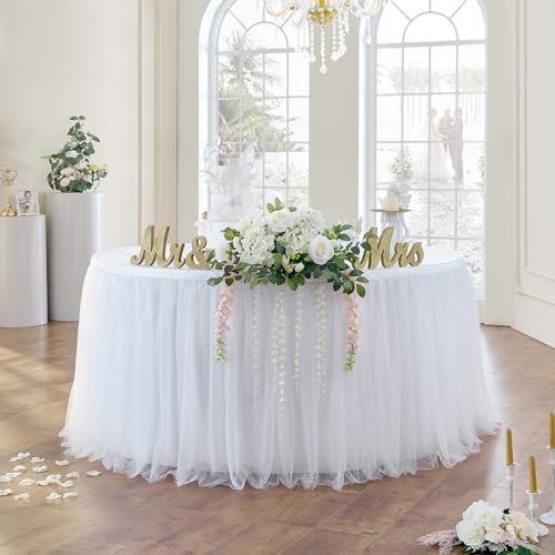 167in White Tulle Table Skirts for Rectangle Tables 6ft 8ft, 2-Layer Gold Grim Ruffle Tulle Tutu Cloth Table Skirt 14ft Long for Wedding Birthday Party Baby Shower Cake Dessert Tables(No Table Cover)